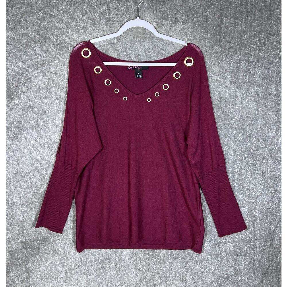 Peck & Peck Grommet Vneck Knit Top‎ Womens Size XL Burgundy Cut Out Sleeves